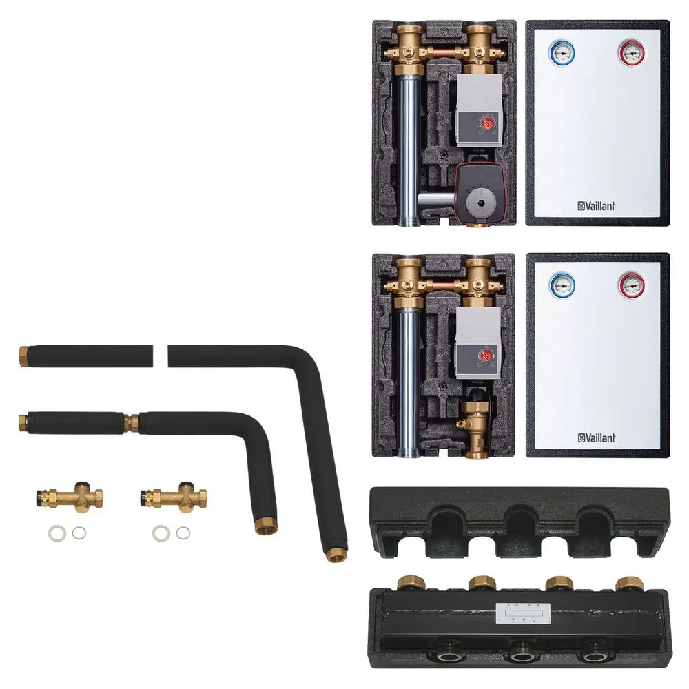 Vaillant Installationselemente, bestehend aus zwei Modulen mit Rohren, Ventilen und Anschlüssen für Heizkreise, angeordnet in einem schwarzen Schaumstoffblock.